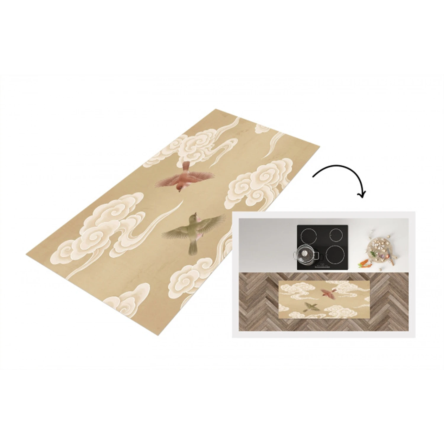 Vogels - Vliegen - Beige Keukenloper - keukenmat middel -3d