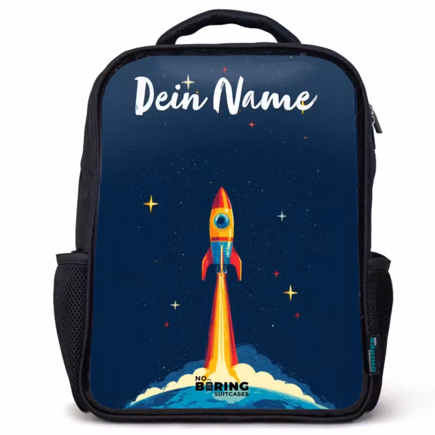 Kinderrucksack mit Namen - Schwarz - Planet - Rakete - Sterne - Dunkelblau