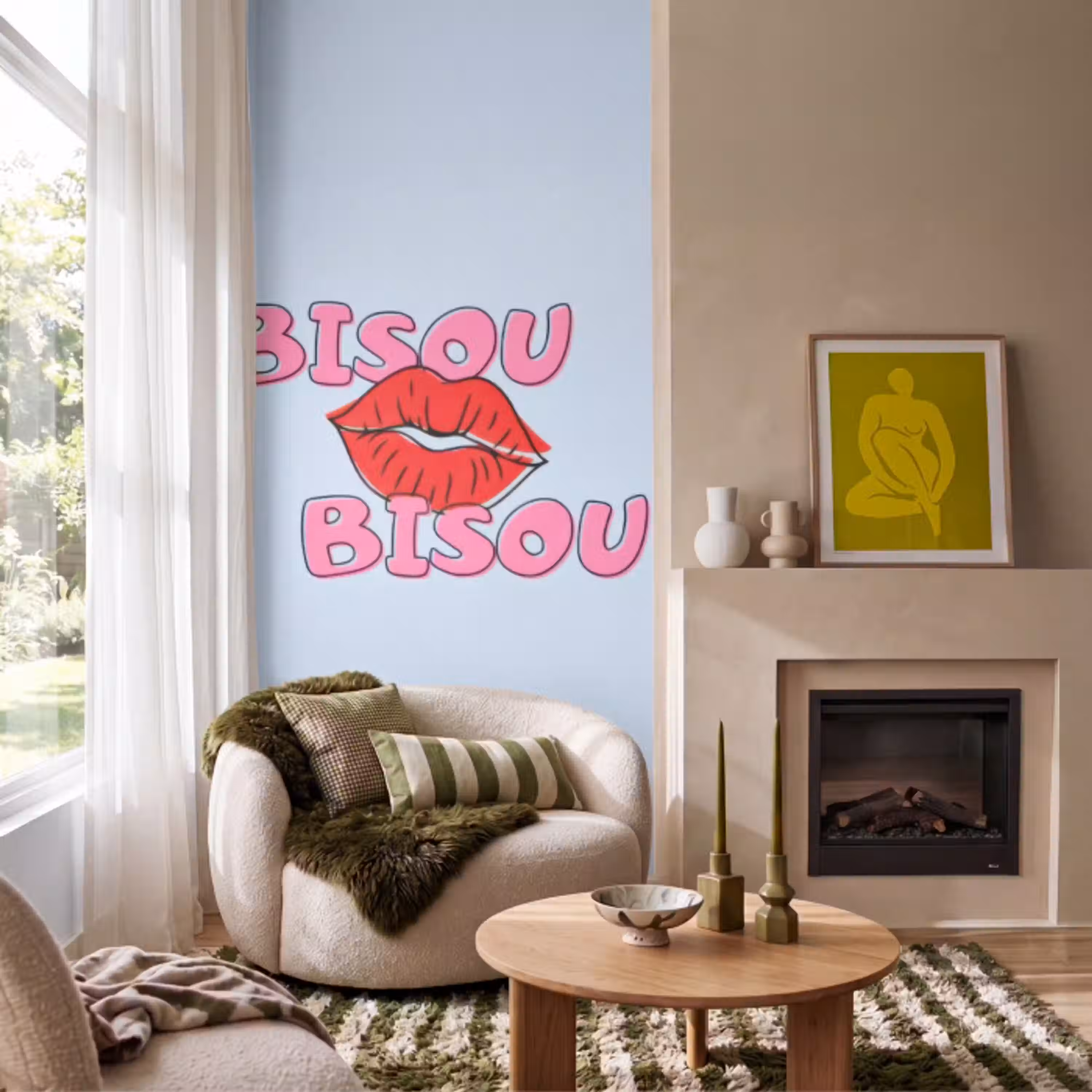 Bisou - Blauw - Roze - Lippen Behang Vlies klein -sfeer2