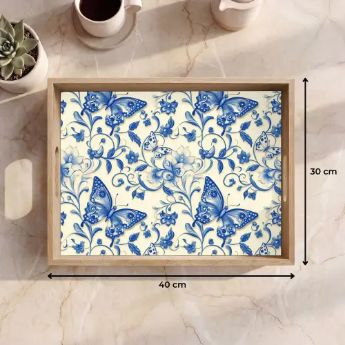 Vlinders - Bloemen - Blauw - Botanisch Dienblad Rechthoek middel 911 -USP_Formaat