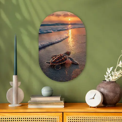 Schildpad - strand - Zonsondergang Wandcirkel Ovaal Forex klein -sfeer2