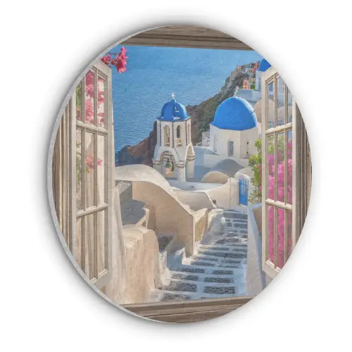 Doorkijk - Santorini - Landschap - Blauw - Grieks Akoestische PET Vilt - Rond klein -3d