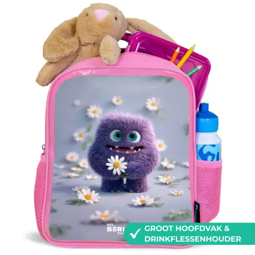 Paars Pluizig Vriendje met Madelief Kinderrugzak - Roze middel -inhoud_NL