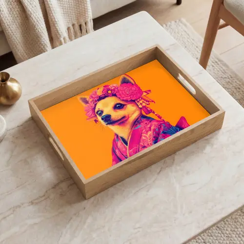 Kimono - Hondje - Bloemenkroon - Oranje Dienblad Rechthoek middel -sfeer1