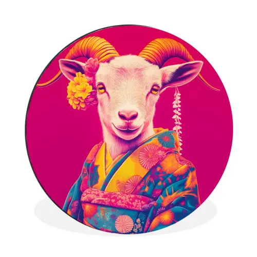 Geit - Hoorns - Kimono - Kleurrijk Wandcirkel aluminium klein -3d