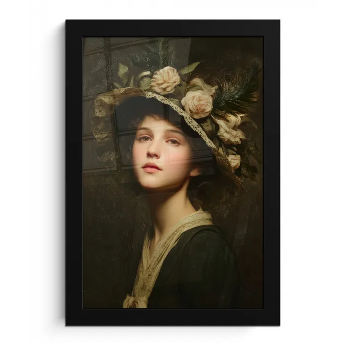 Bloemenhoed - Portret - Vrouw fotolijst zwart zonder passe partout klein -3d