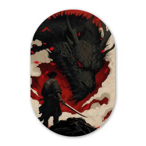 Krijger - Draak - Zwart - Rood - Rook Wandcirkel Ovaal Forex klein -3d