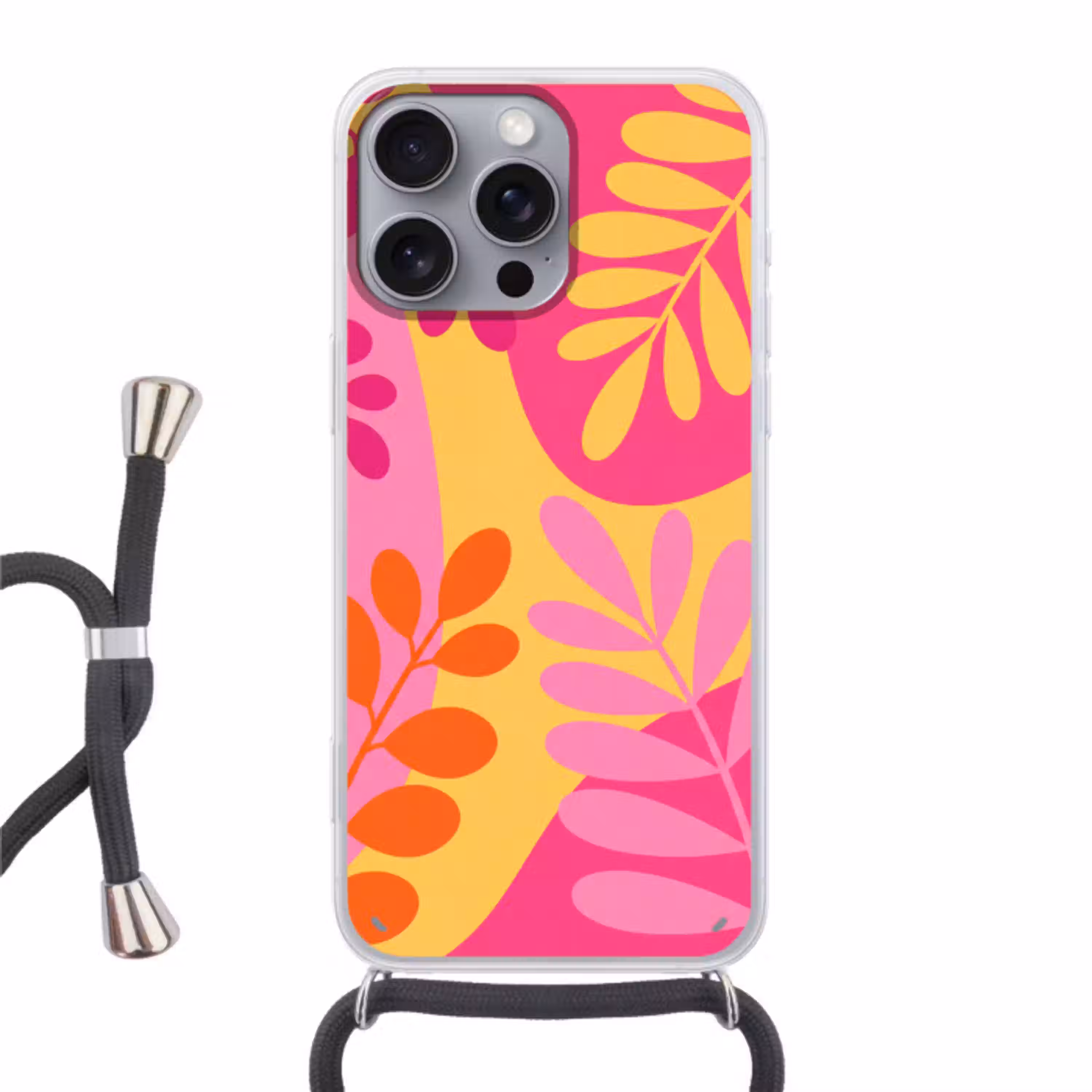Natuur - Bladeren - Abstract - Roze - Geel Hoesje iPhone 16 Pro Max met koord klein -3d