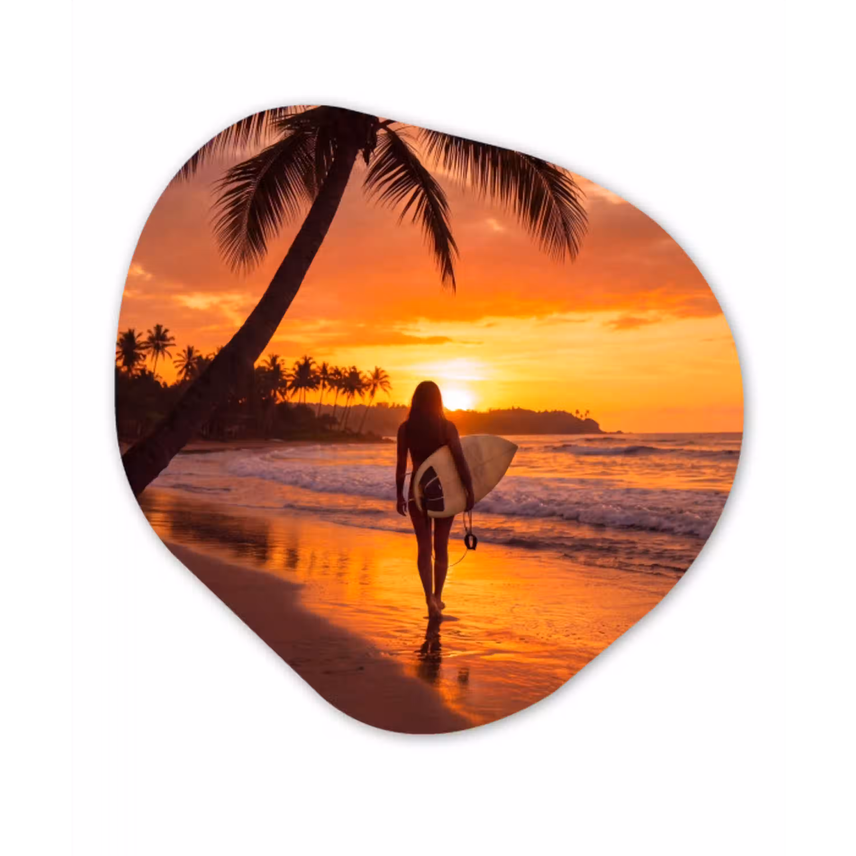 Vrouw - Surfplank - Strand - Zonsondergang - Oranje Wandcirkel Organisch Forex 3mm klein -3d