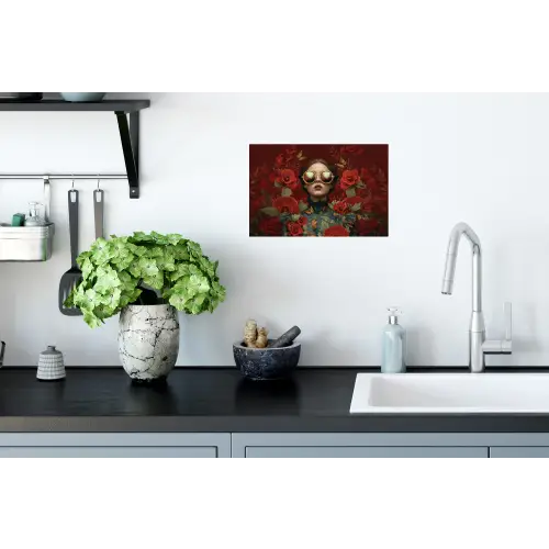 Bloemen - Dieprood - Zonnebril - Vrouw Muursticker klein -keuken