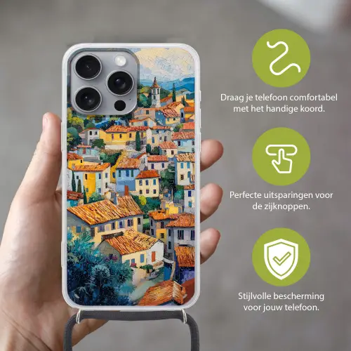 Dorp - Heuvels - Landschap - Bomen Hoesje iPhone 16 Pro Max met koord klein -sfeer2_NL
