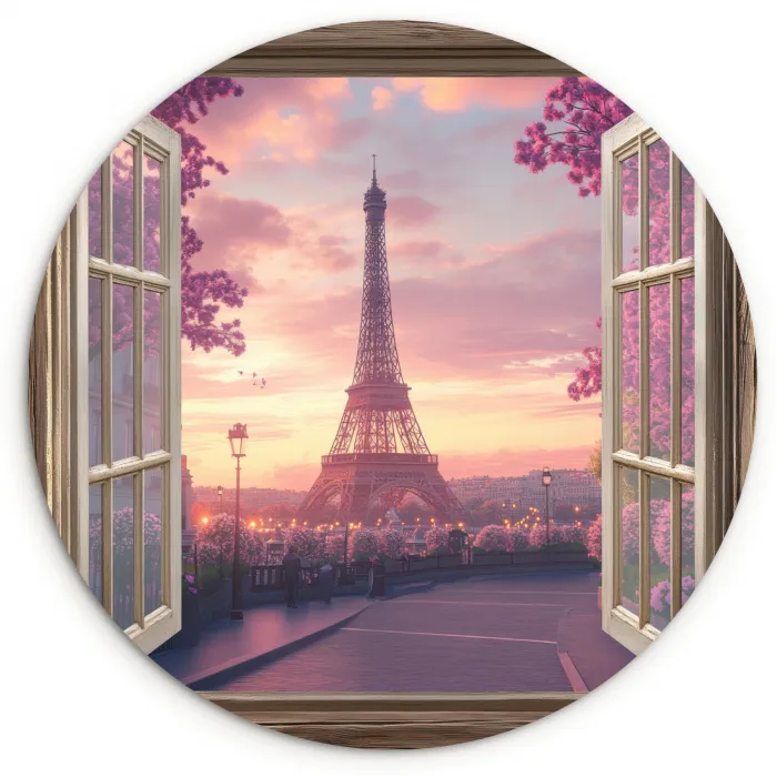 Doorkijk - Parijs - Eiffeltoren - Roze - Kersenbloesem Wandcirkel kunststof plaat 5mm dik klein -3d