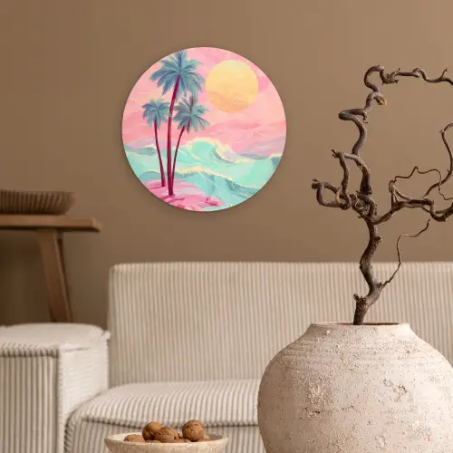Palmbomen - Golven - Zee Wandcirkel kunststof plaat 5mm dik klein -sfeer1