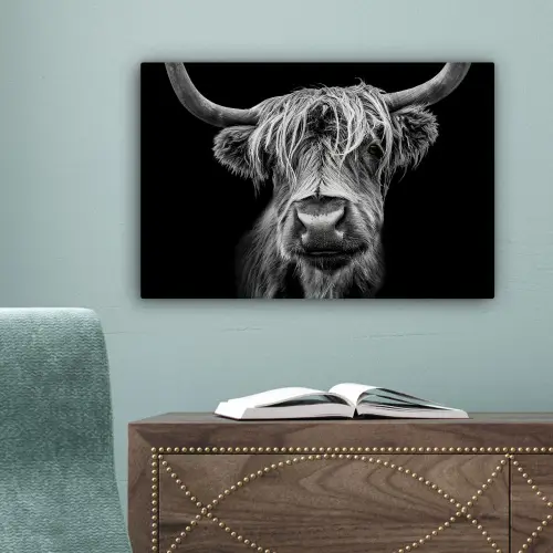 Schotse Hooglander - Horens - Zwart - Wit - Koe - Wild - Dieren canvas 2cm klein -sfeer4