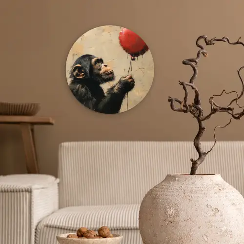 Street art - Chimpansee - Ballon - Graffiti - Banksy Wandcirkel kunststof plaat 5mm dik klein -sfeer1