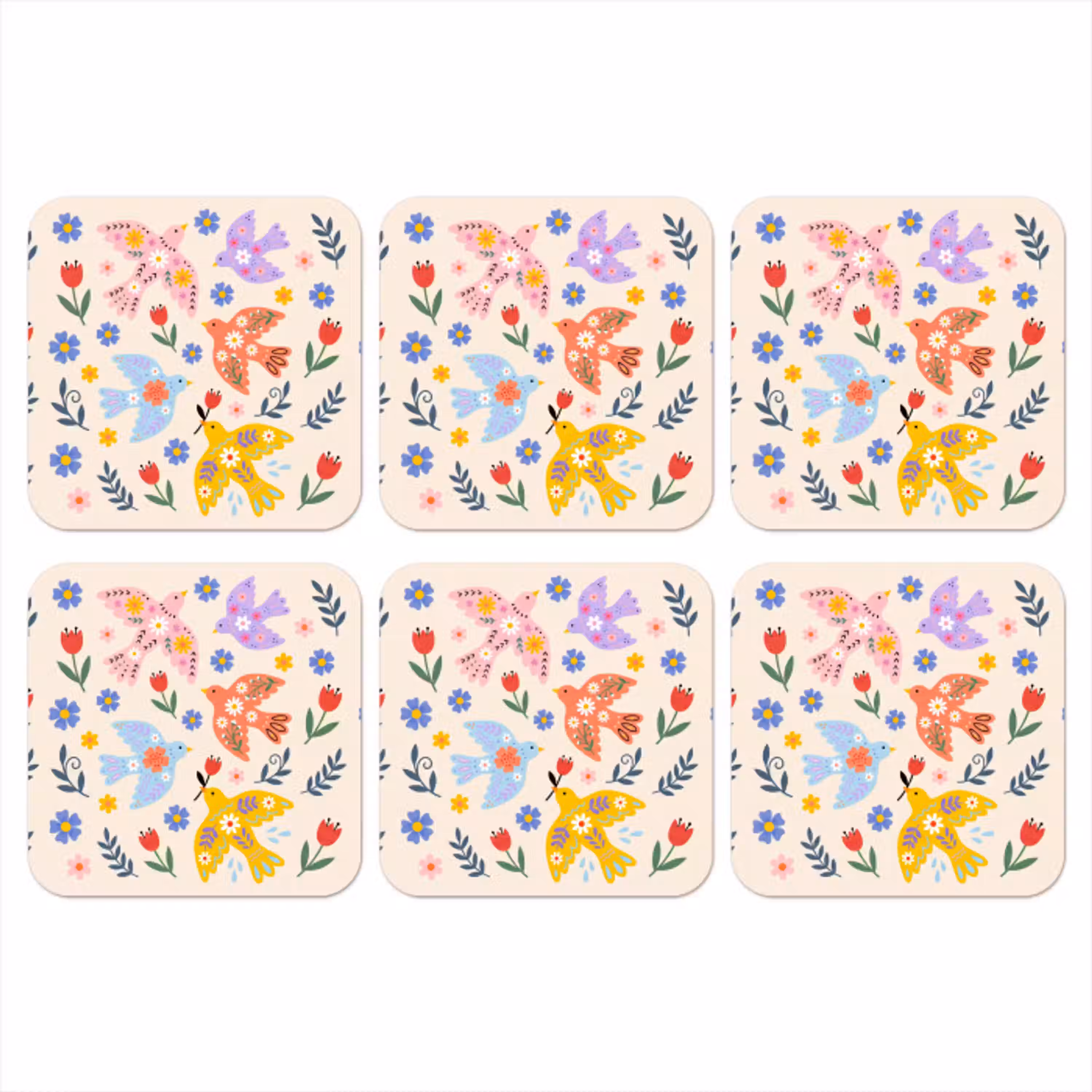Vogel - Bloemen - Folk - Kleurrijk - Dieren onderzetter kurk middel -3d