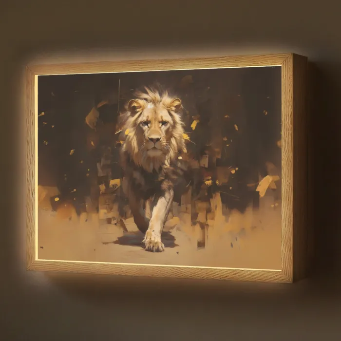Leeuw - Geschilderd - Abstract - Goud Light Box met batterij (Wandlamp) middel -z3d_website