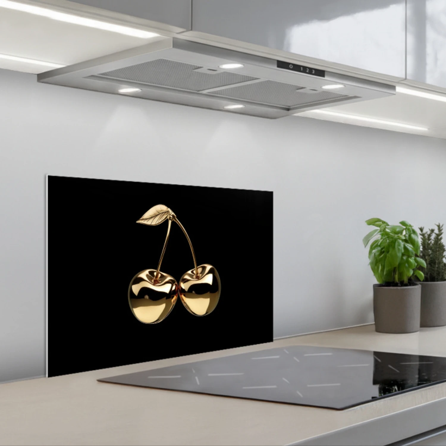 Kersen - Zwart - Goud - Chrome keuken achterwand spatscherm klein -3d_schuin