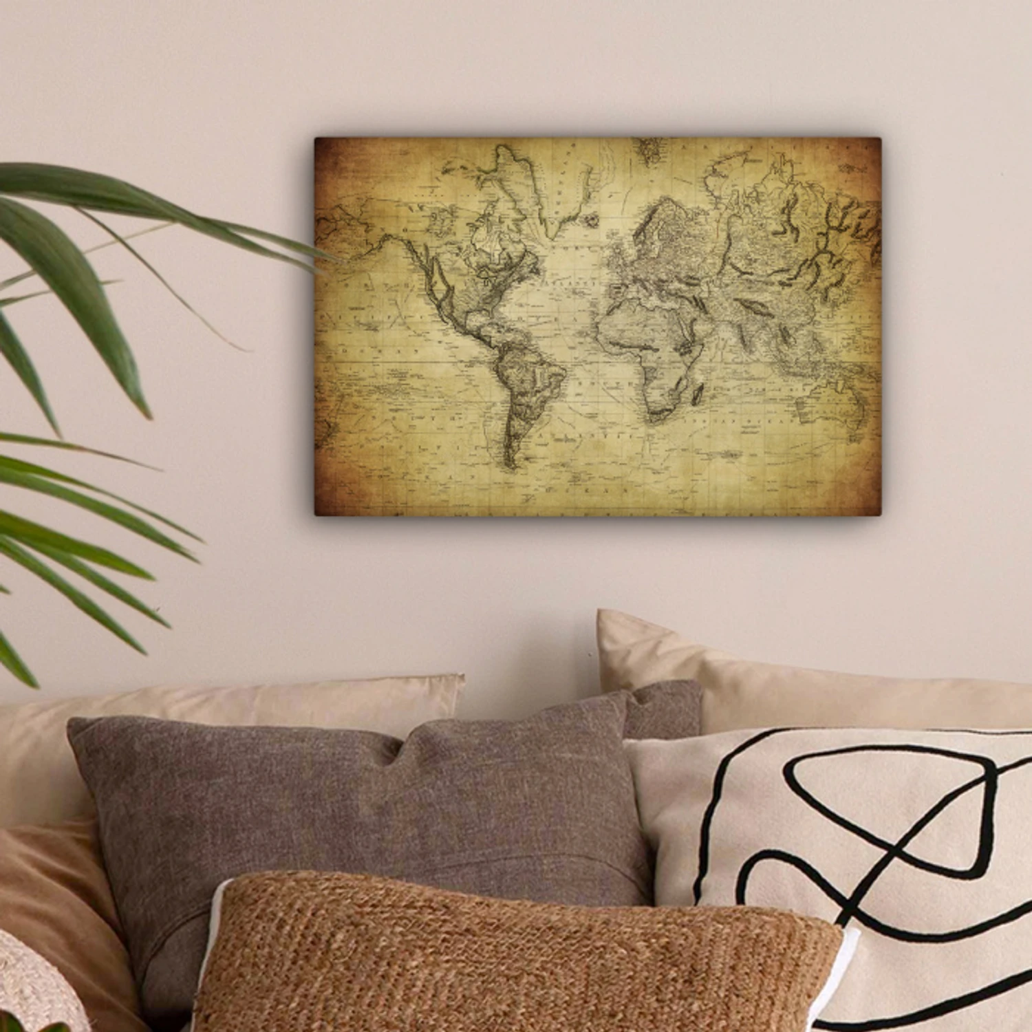 Wereldkaart - Vintage - Antiek - Bruin - Papier canvas 2cm klein -sfeer1