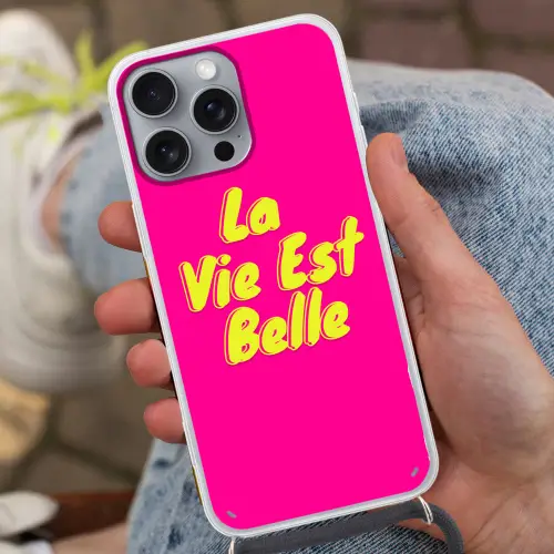 Quote - Retro - Roze Hoesje iPhone 16 Pro Max met koord klein -sfeer3