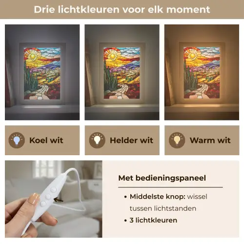Mozaïek - Zon - Landschap - Dorp Light Box met kabel (Tafellamp) klein -USP_lichtkleurNL