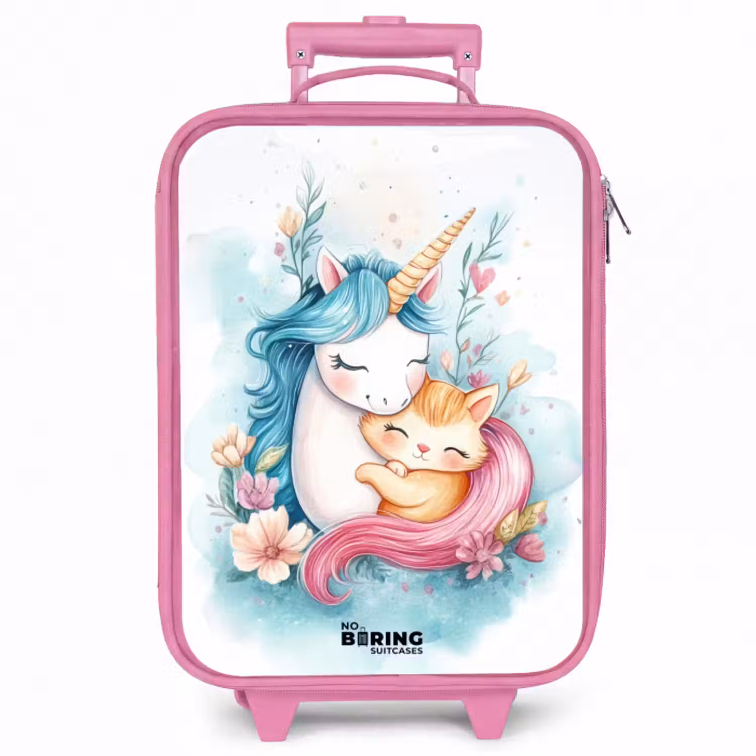 Kinderkoffer Rosa - Einhorn mit blauer Mähne und orangefarbenem Kätzchen