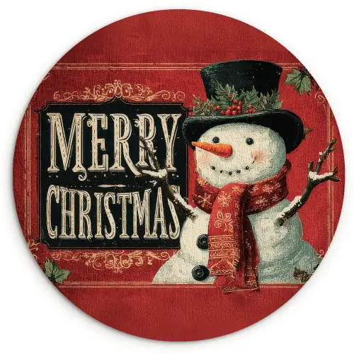 Klassiek - Kerstgroet - Sneeuwpop - Rood Wandcirkel kunststof plaat 5mm dik klein -3d