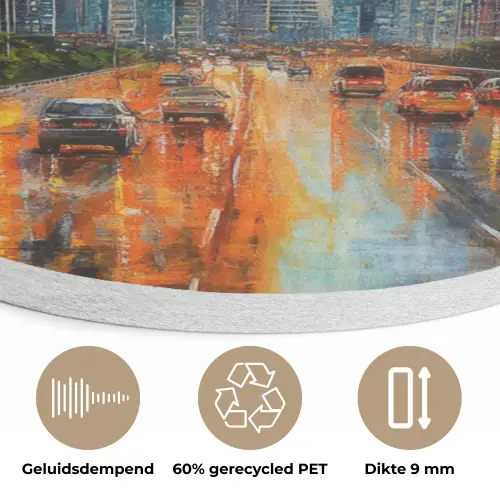 Auto - Skyline - Zon - Blauw Akoestische PET Vilt - Rond klein -closeup_NL