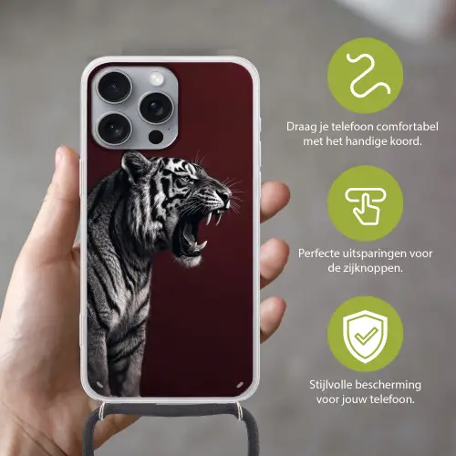 Tijger - Brult - Bordeaux Hoesje iPhone 16 Pro Max met koord klein -sfeer2_NL