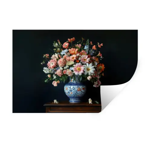 Hout - Vaas - Kleuren - Bloemen Muursticker klein -3d
