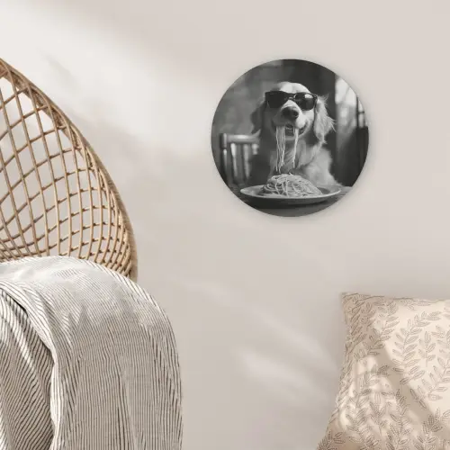 Golden Retriever - Hond - Vrolijk -  Bord spaghetti - Zwart - wit Akoestische PET Vilt - Rond klein -sfeer4