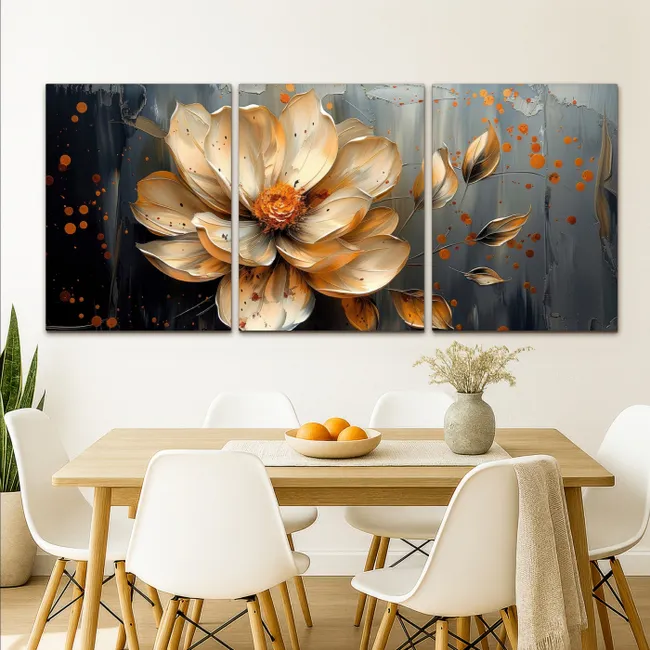 Meerluik schilderij - 3 luiken - Bloem - Goud - Abstract - Verf