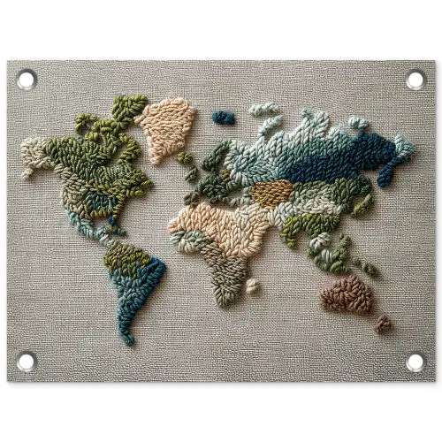 Wereldkaart - Geborduurd - Aardetinten tuinposter los doek klein -3d