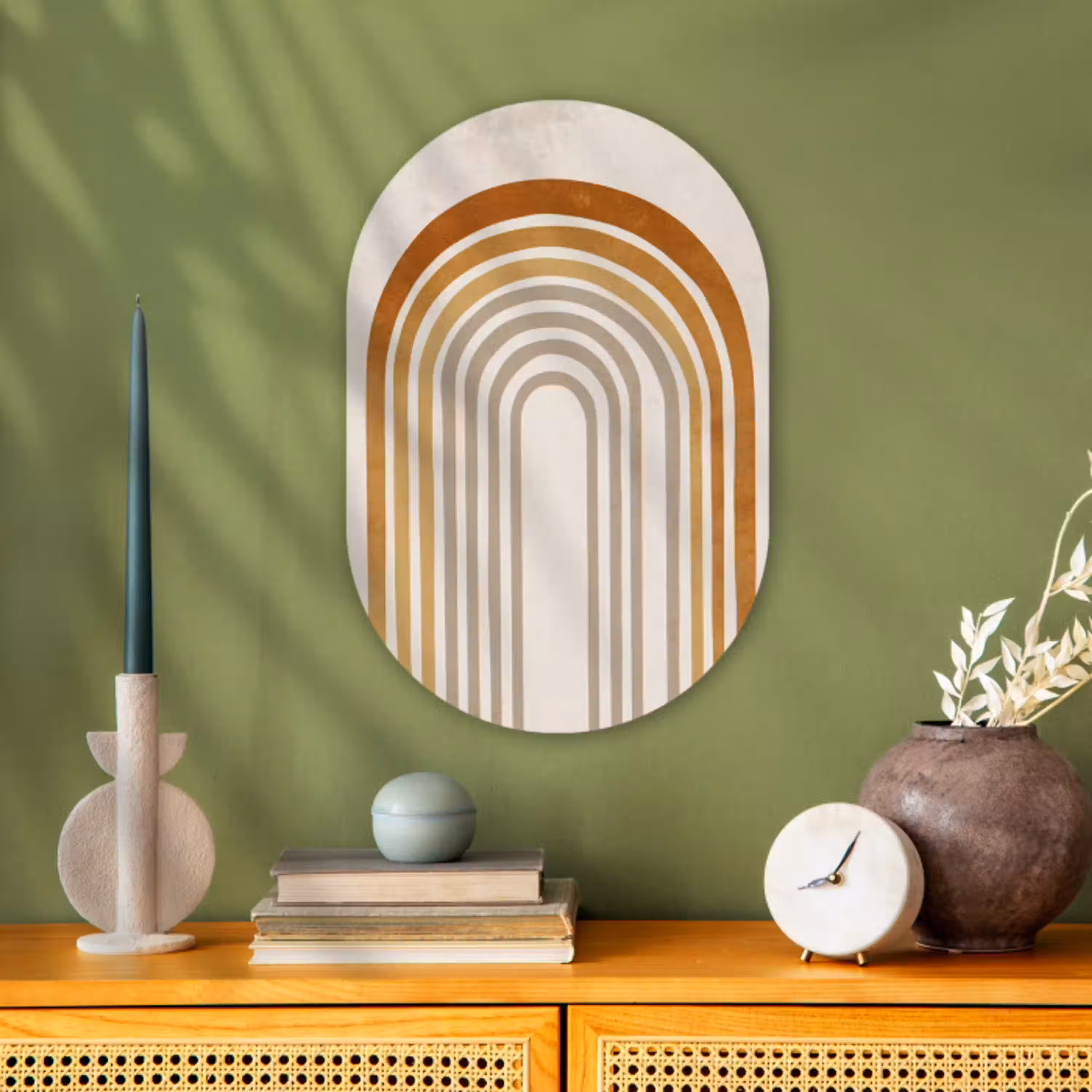 Minimalistisch - Boog - Lijnen - Beige Wandcirkel Ovaal Forex klein -sfeer2