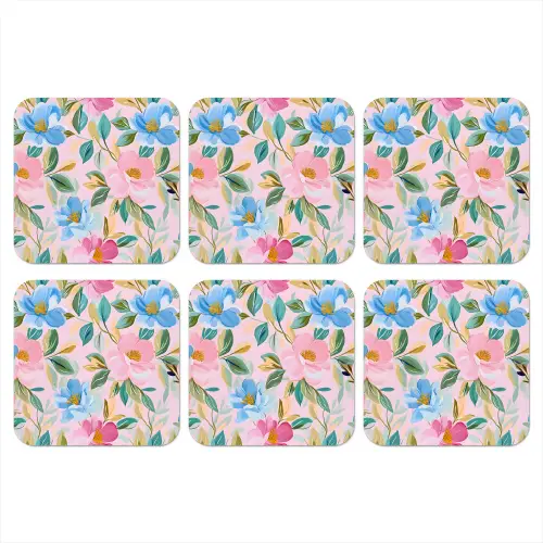 Blauw - Roze - Bloemen onderzetter kurk middel -3d