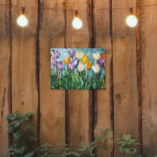 Mozaïek - Veld - Tulpen - Kleurrijk tuinposter los doek klein -sfeer1