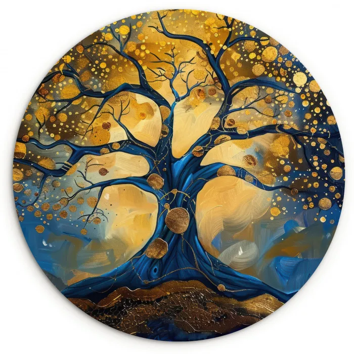 Boom - Levensboom - Blauw - Goud Wandcirkel kunststof plaat 5mm dik klein -3d