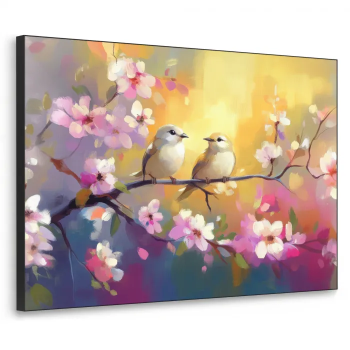 Vogels - Bloemen - Roze Textielframe zwart klein -3d