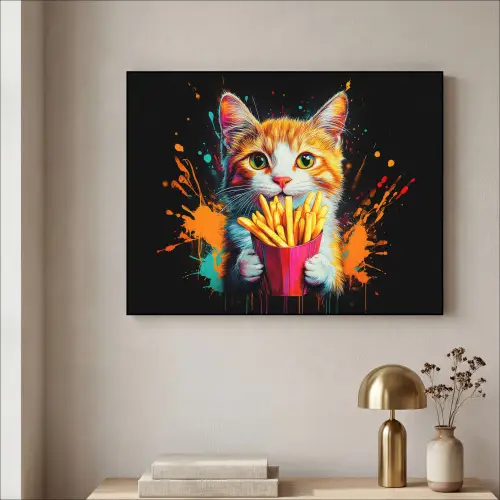 Kat - Eten - Patat - Graffiti - Abstract Textielframe zwart klein -sfeer2