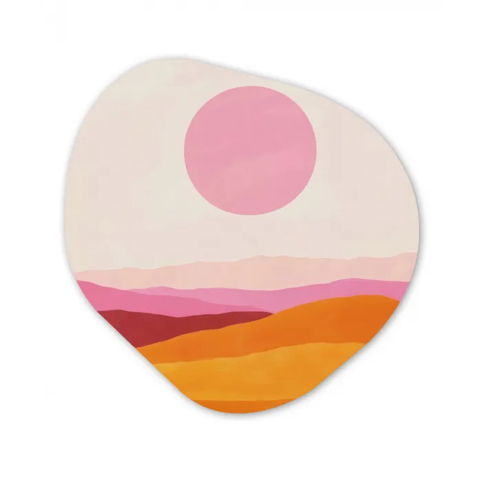Heuvels - Oranje - Zon - Abstract Wandcirkel Organisch Plexiglas middel -3d