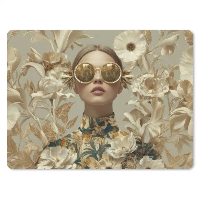 Vrouw - Bloemen - Zonnebril - Wit muismat rubber klein -3d