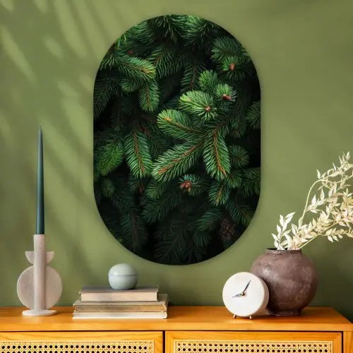 Sparrentakken - Knoppen - Naalden - Groen Wandcirkel Ovaal Glas middel -sfeer2