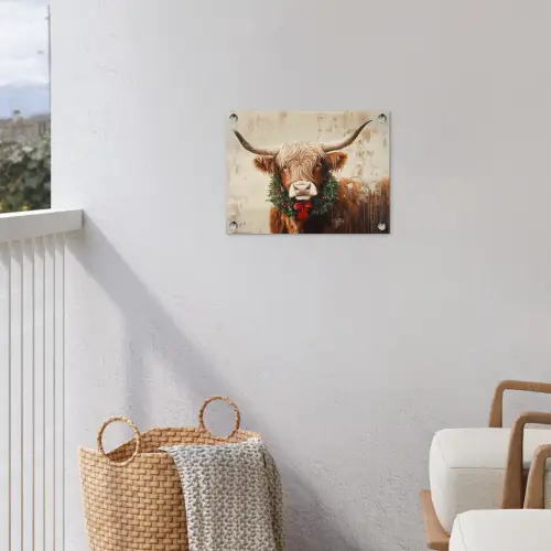 Kerst - Schotse Hooglander - Bruin - Krans tuinposter los doek klein -sfeer8
