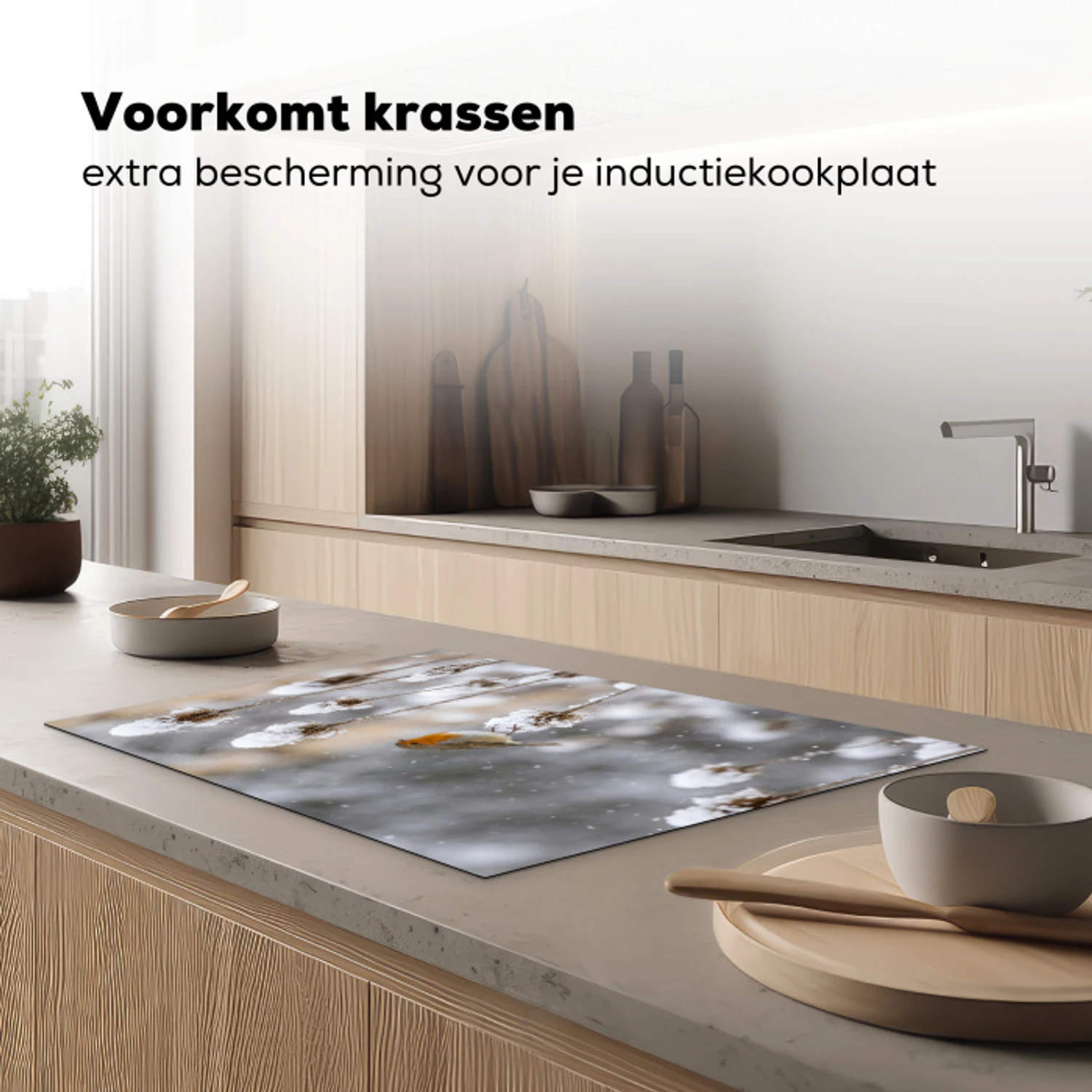 Roodborstje - Gedroogde bloem - Sneeuw - Winter - Vertederend Inductie beschermer vinyl 3mm klein -sfeer1