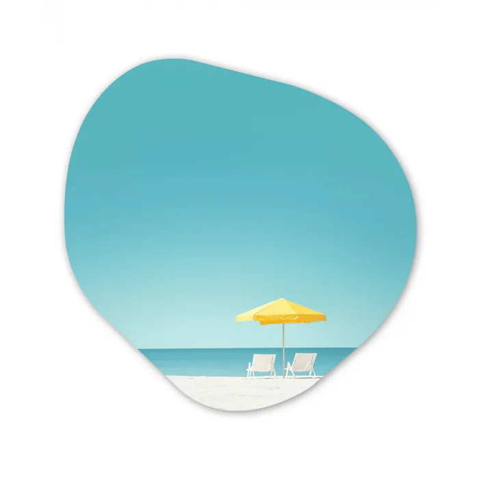 Strand - Blauwe lucht - Geel - Parasol Wandcirkel Organisch Forex 3mm klein -3d