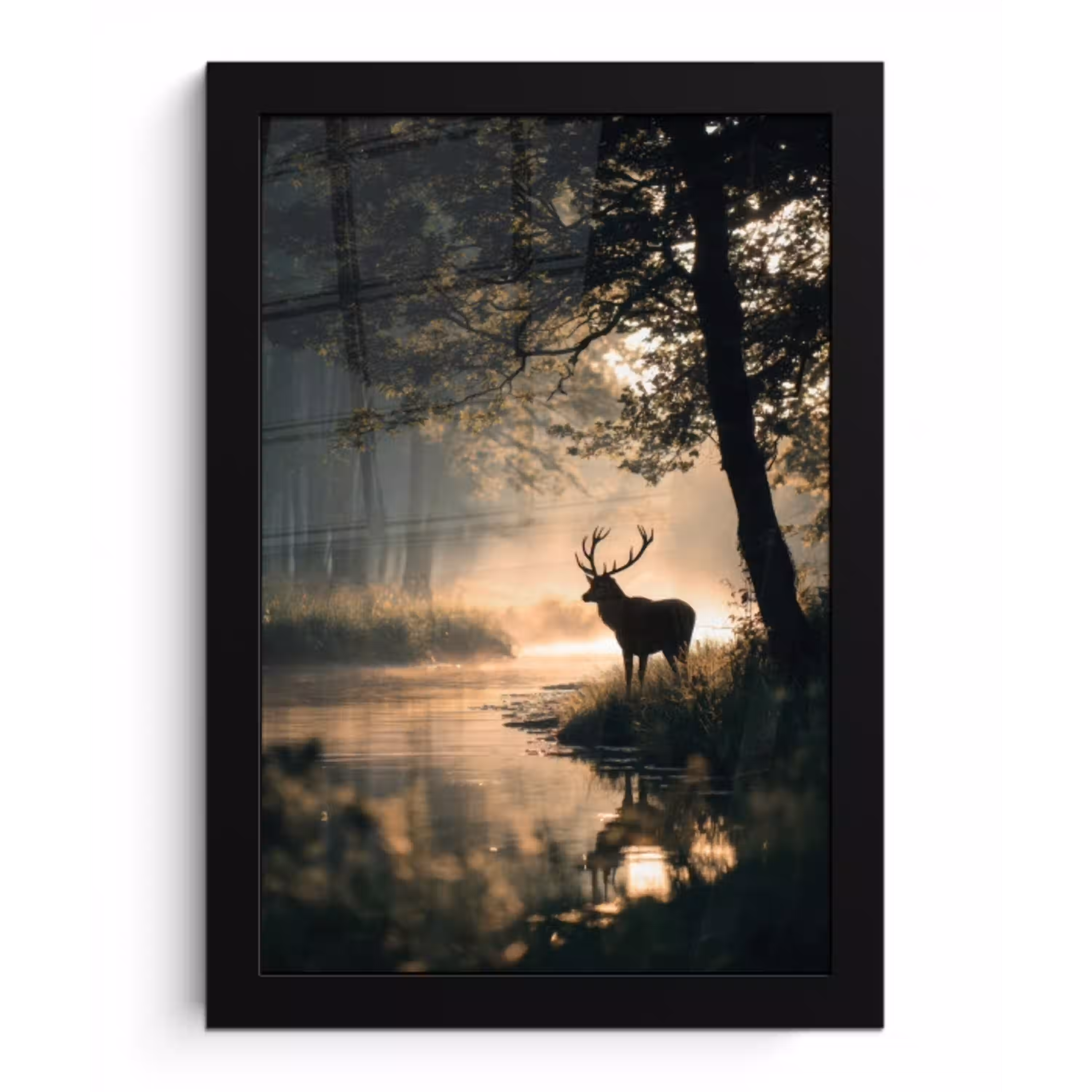 Hert - Bosbeek - Mystiek fotolijst zwart zonder passe partout klein -3d