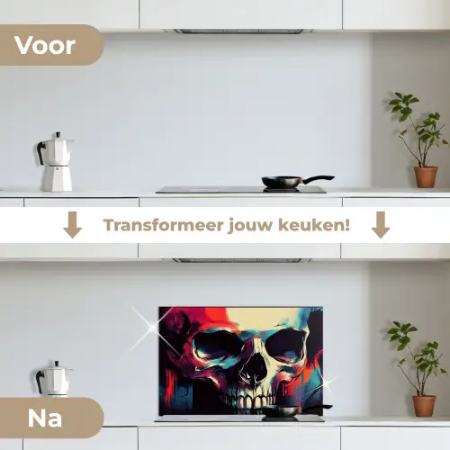 Schedel - Abstract - Rood - Blauw - Graffiti keuken achterwand spatscherm klein -voor_na_NL