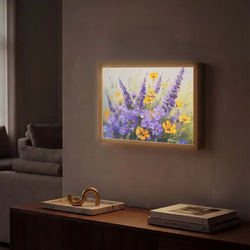 Lavendel - Bloemen - Natuur - Kunst Light Box met batterij (Wandlamp) middel -sfeer1