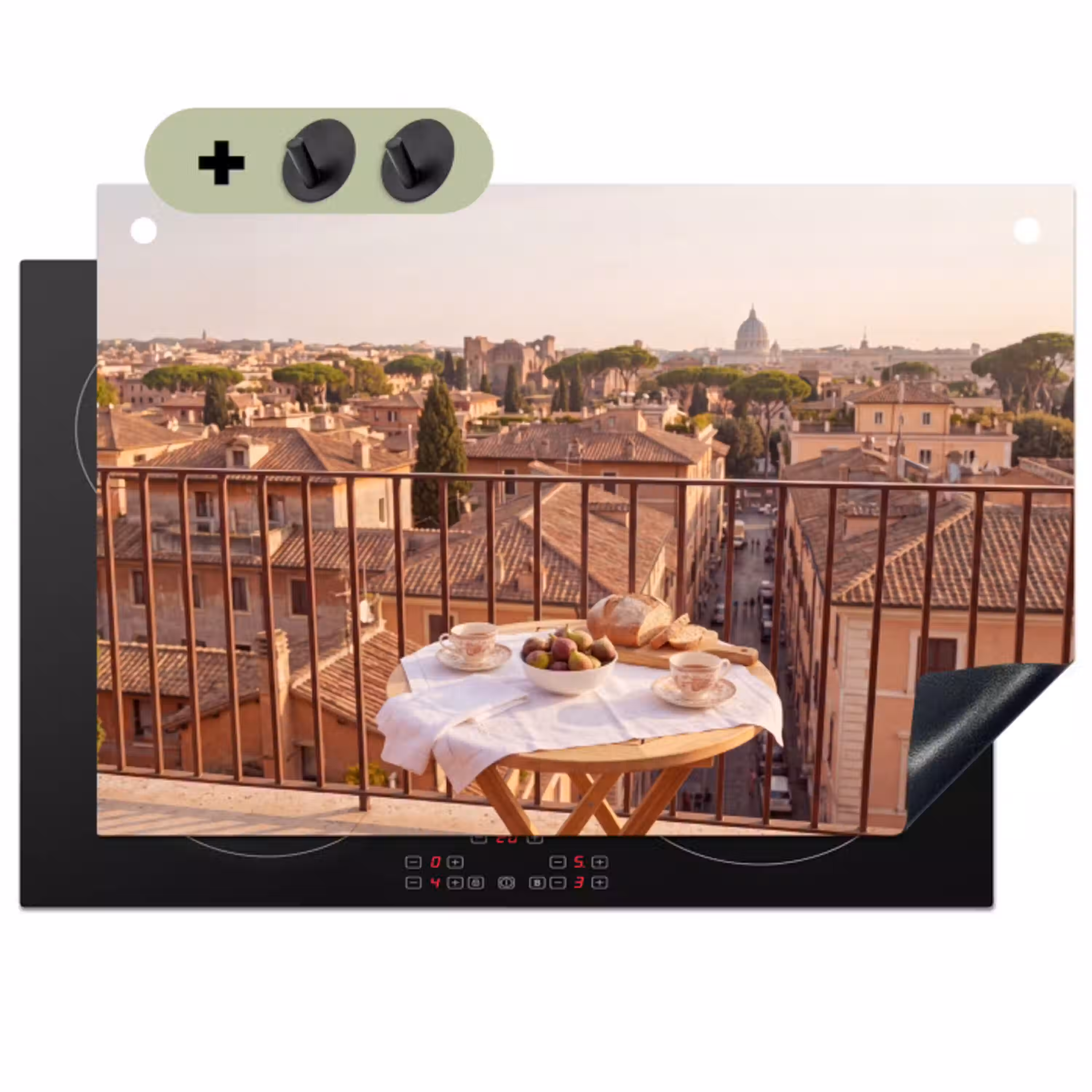 Eten - Ontbijt - Balkon - Stad - Zonsopgang Inductie beschemer met haakjes klein -3d