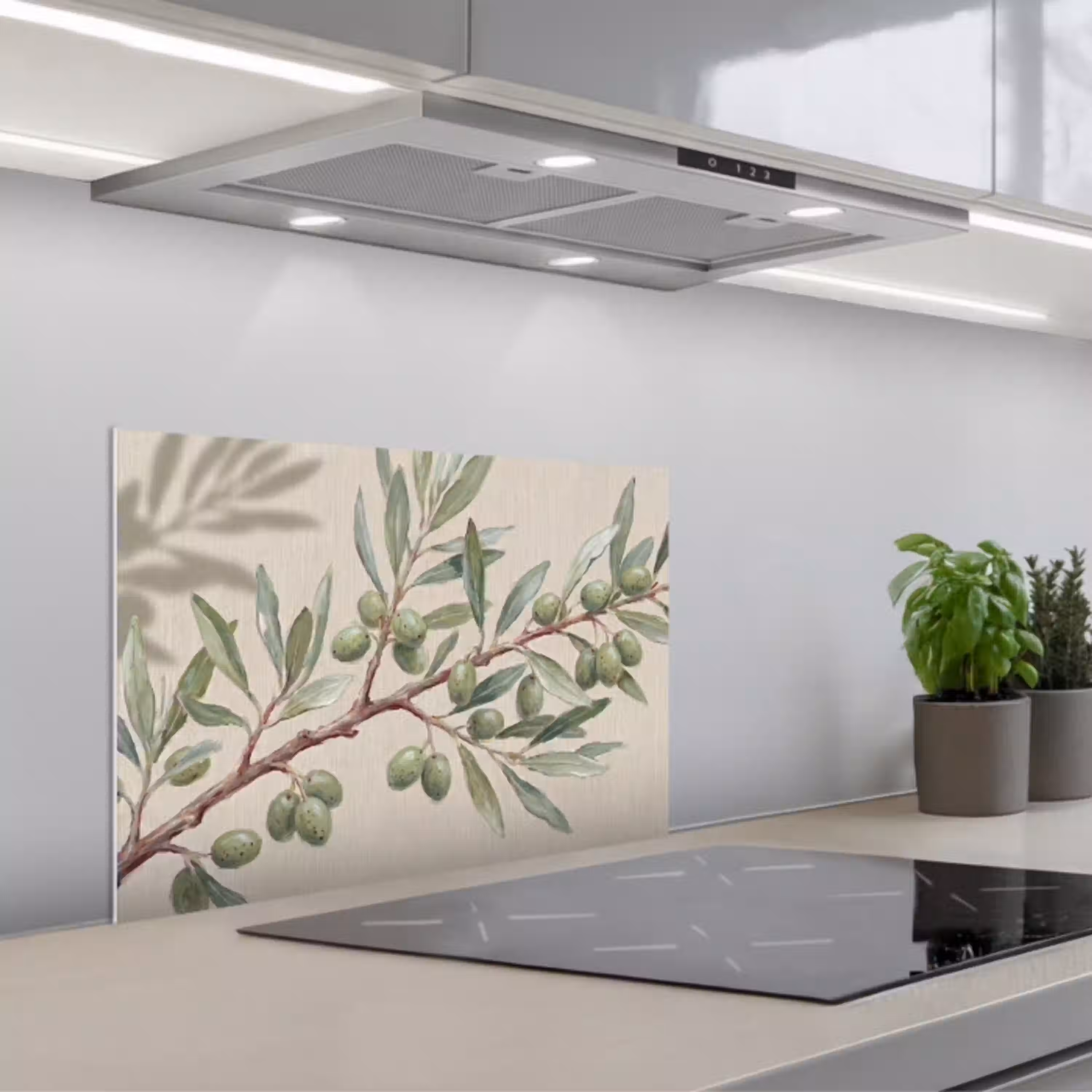 Olijftak - Bladeren - Natuur - Groen - Beige keuken achterwand spatscherm klein -3d_schuin